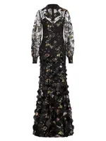 Lace & Sequin Bishop-Sleeve Gown