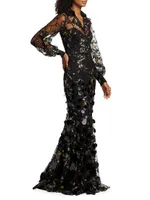 Lace & Sequin Bishop-Sleeve Gown