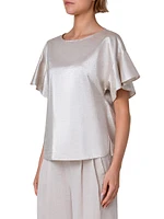 Wing-Sleeve Metallic Canvas Blouse