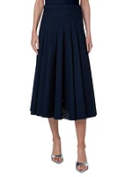 Pleated Laser-Cut Cotton Midi-Skirt