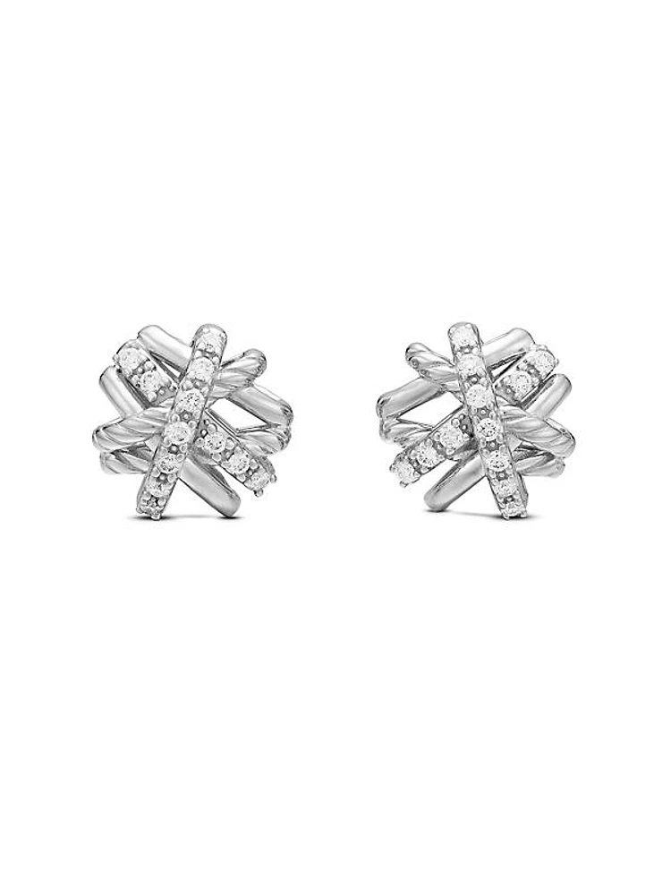 Crossover Stud Earrings in Sterling Silver with Diamonds, 11mm