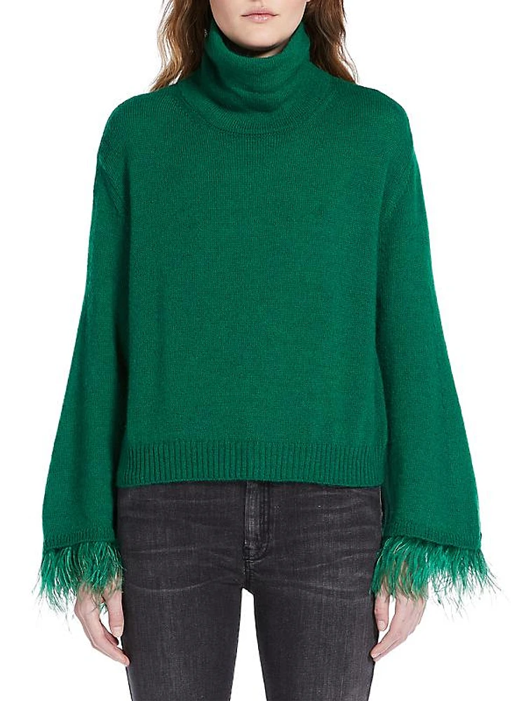 Feather-Cuff Turtleneck Sweater