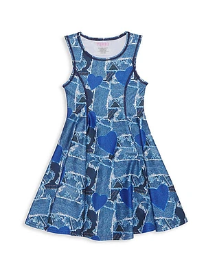 Little Girl's Denim Heart Patchwork Skater Dress