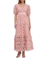 Puff Sleeves Lace Tiered Maxi Dress