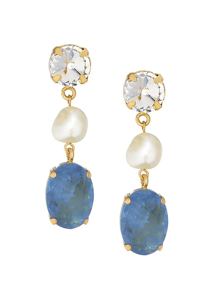 Blue Lagoon Goldtone, Cubic Zirconia, Mother-Of-Pearl & Glass Stone Drop Earrings