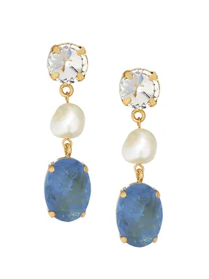 Blue Lagoon Goldtone, Cubic Zirconia, Mother-Of-Pearl & Glass Stone Drop Earrings