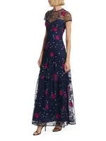 Short-Sleeve Floral-Embroidered Dress