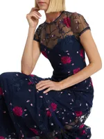 Short-Sleeve Floral-Embroidered Dress