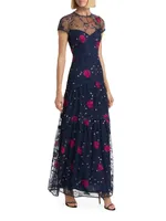 Short-Sleeve Floral-Embroidered Dress