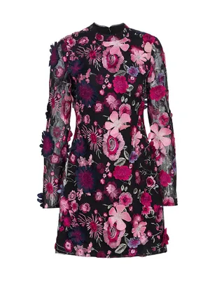 Long-Sleeve Floral-Embroidered Minidress