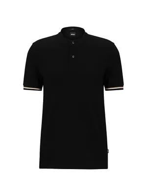 Collarless Slim-Fit Polo Shirt Cotton Piqué