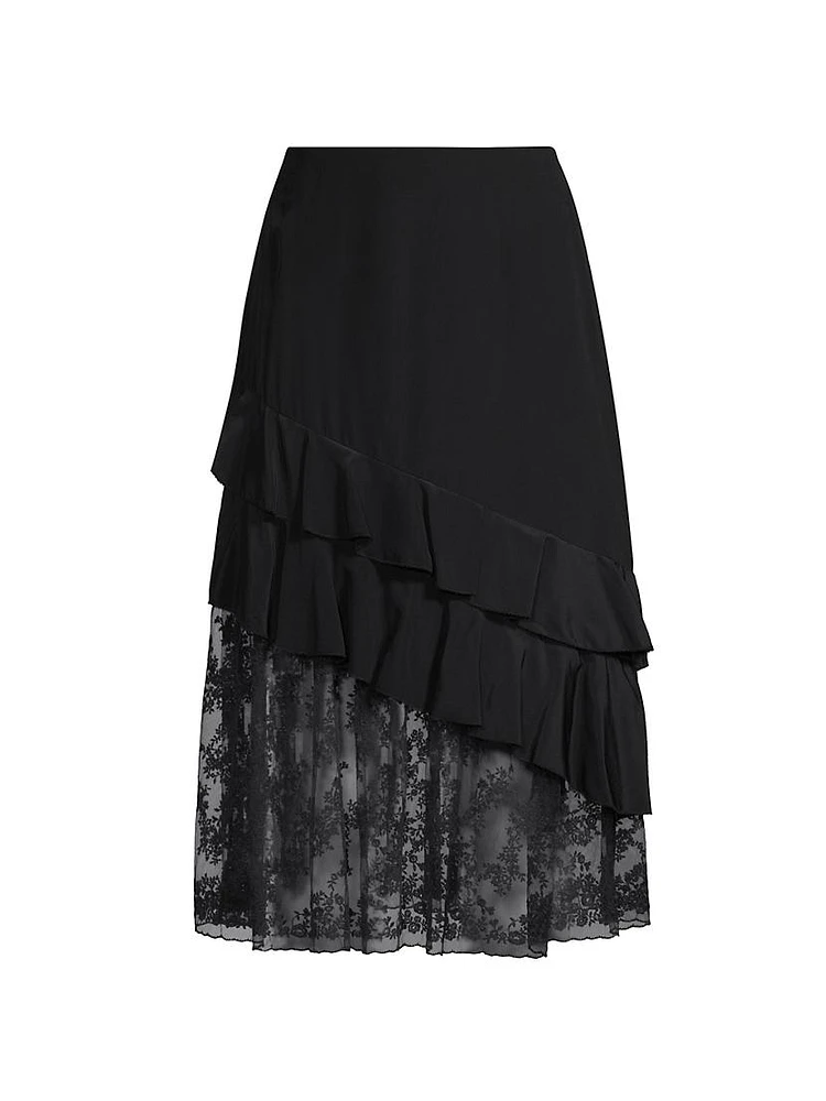 Embroidered Silk Ruffled Midi-Skirt