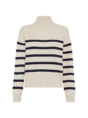Striped Cashmere Turtleneck Sweater With Shiny Cuffs