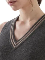 Sparkling Cashmere Lightweight Rib Knit Top With Striped Neckline