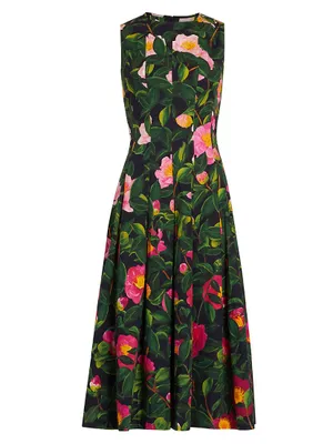 Camellia Print Poplin Fit & Flare Dress