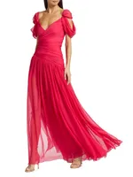 Draped Off-the-Shoulder Silk Chiffon Gown