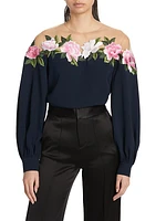 Embroidered Gardenia Mesh & Crepe Blouse