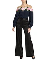 Embroidered Gardenia Mesh & Crepe Blouse