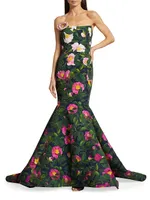 Camellia Print Faille Mermaid Gown