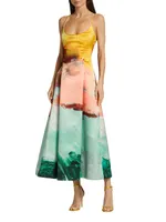 Abstract Print Satin Pleated Gown