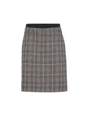 Dazzling Virgin Wool and Linen Prince Of Wales Boxy Skirt with Monili