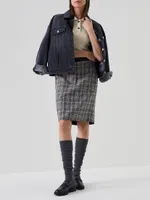 Dazzling Virgin Wool and Linen Prince Of Wales Boxy Skirt with Monili