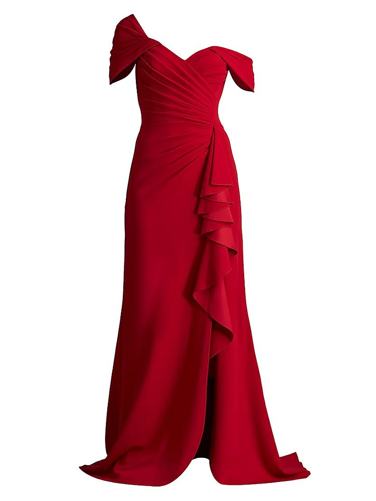 One-Shoulder V-Neck Crepe Gown