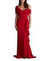 One-Shoulder V-Neck Crepe Gown