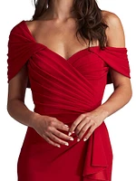 One-Shoulder V-Neck Crepe Gown