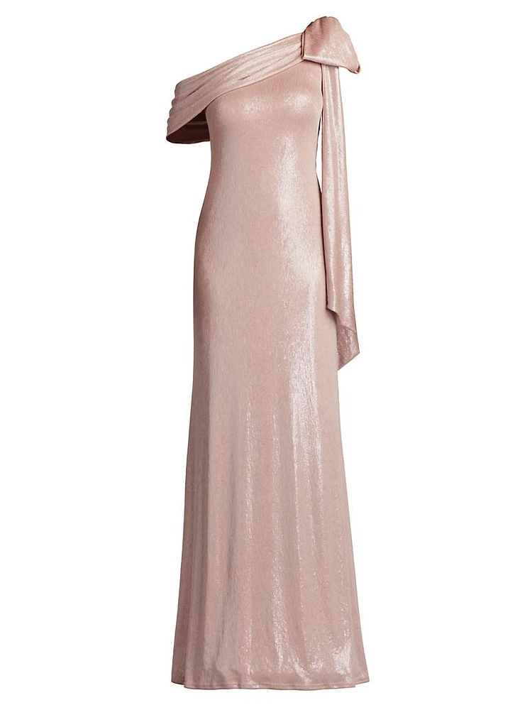 Metallic Draped Bow Gown