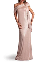 Metallic Draped Bow Gown