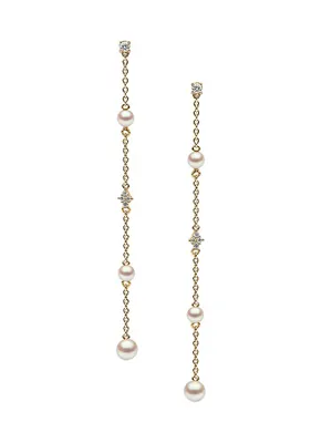 Trend 18K Yellow Gold, Freshwater Pearl & 0.107 TCW Diamond Chain Earrings