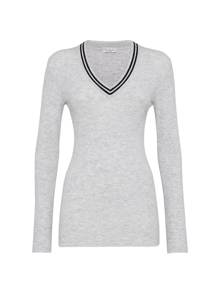 Sparkling Cashmere Lightweight Rib Knit Sweater With Striped Neckline