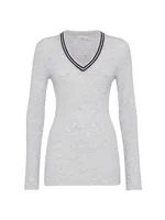 Sparkling Cashmere Lightweight Rib Knit Sweater With Striped Neckline