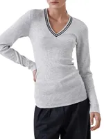 Sparkling Cashmere Lightweight Rib Knit Sweater With Striped Neckline