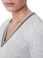 Sparkling Cashmere Lightweight Rib Knit Sweater With Striped Neckline