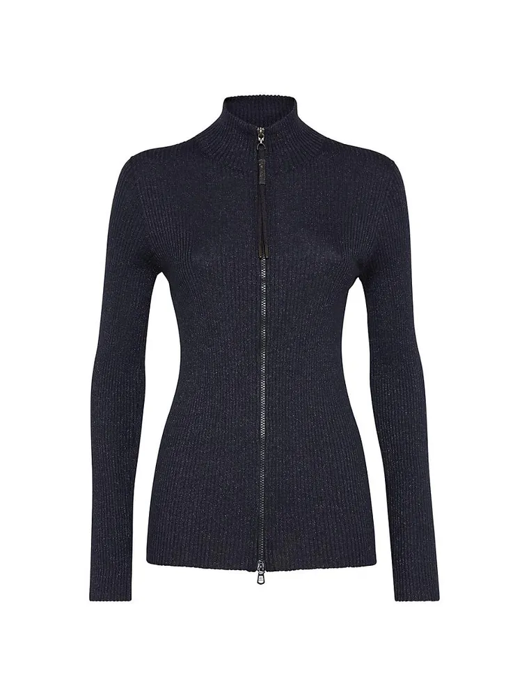 Sparkling Cashmere And Silk Lightweight Ribbed Cardigan With Shiny Zipper Pull