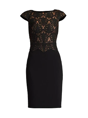 Corded Lace & Crepe Cap-Sleeve Cocktail Dress