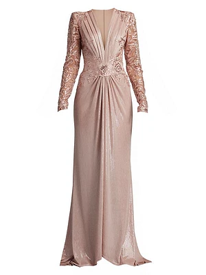 V-Neck Metallic Jersey Gown