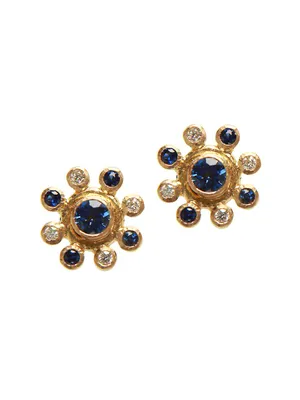 19K Gold, Diamond & Blue Sapphire Earrings