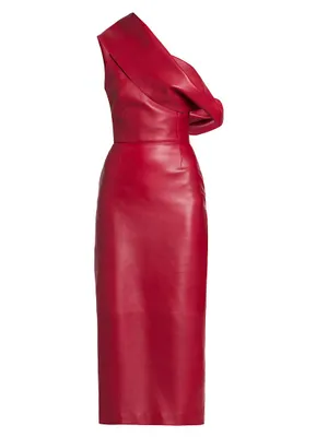 Leather One-Shoulder Midi-Dress