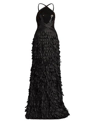 Sleeveless Sequined Halter Gown