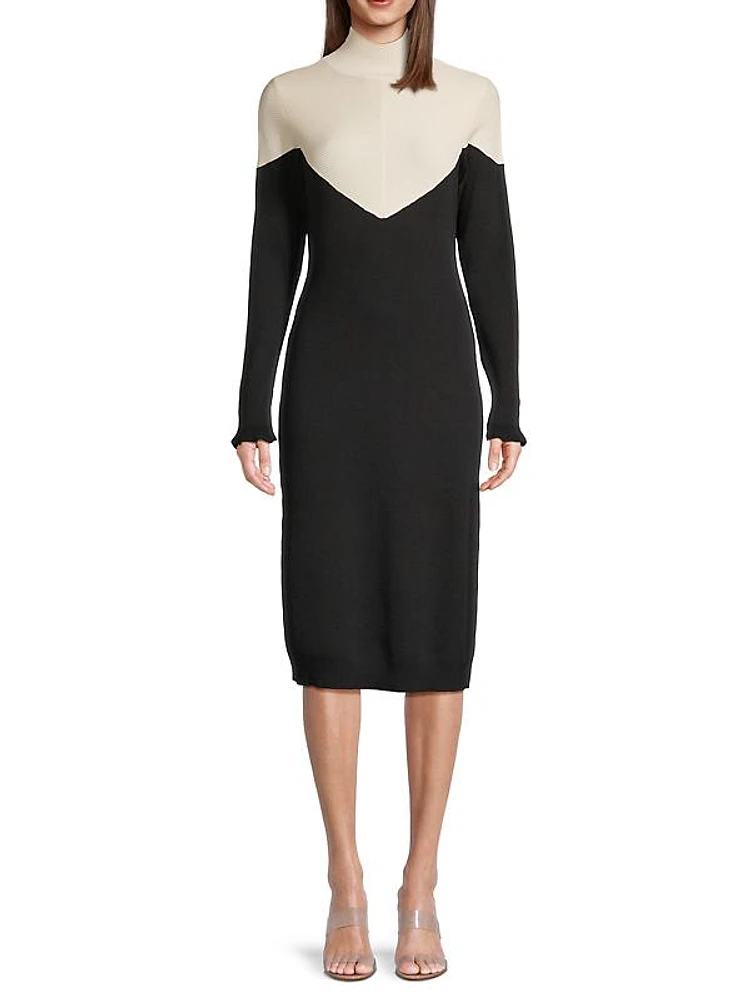 Colorblocked Mock Turtleneck Midi-Dress