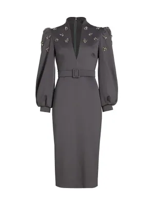 Brooch-Embellished Belted Coatdress