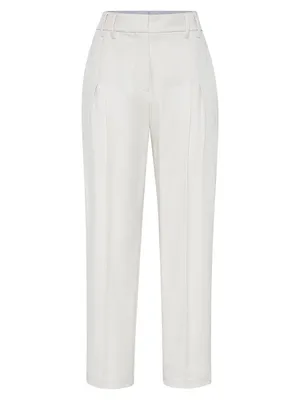 Stretch Cotton Cover Slouchy Pleated Trousers With Monili