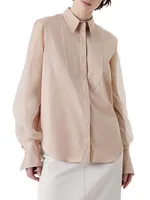 Stretch Cotton Poplin Shirt With Bib, Crispy Silk Sleeves And Shiny Cuffs