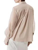 Stretch Cotton Poplin Shirt With Bib, Crispy Silk Sleeves And Shiny Cuffs