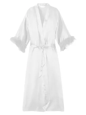 Feather-Trim Silk Robe