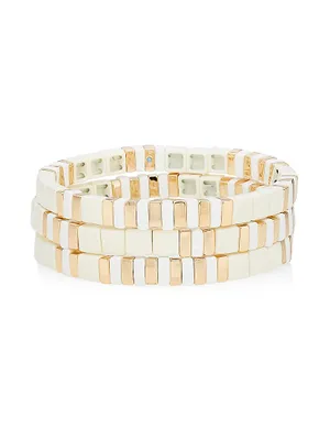 Triple Crème 3-Piece Goldtone & Enamel Bead Stretch Bracelet Set