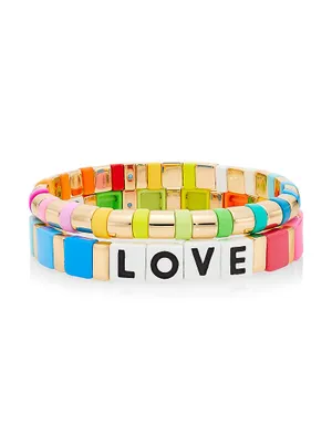 Love Rainbow 2-Piece Enamel & Cubic Zirconia Bracelet Set